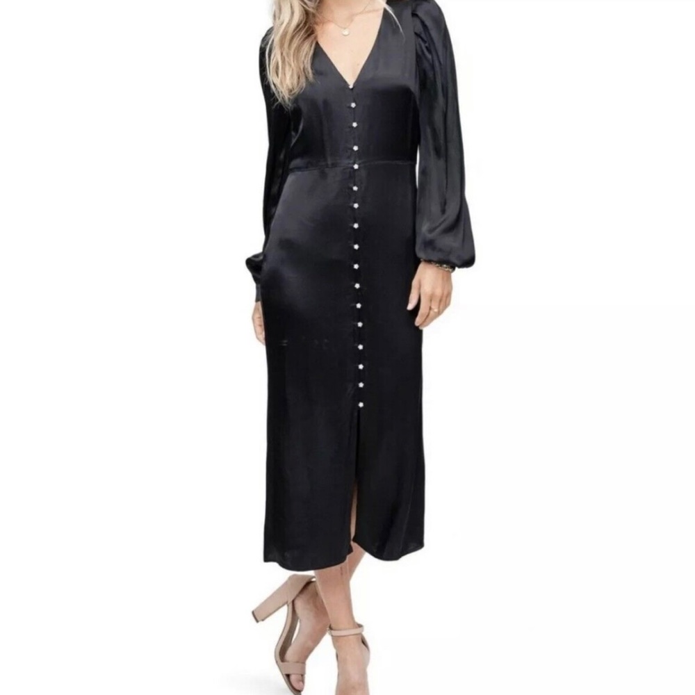 En Saison Black Long Sleeve Satin VNeck Crystal Button Midi Dress Sz S
